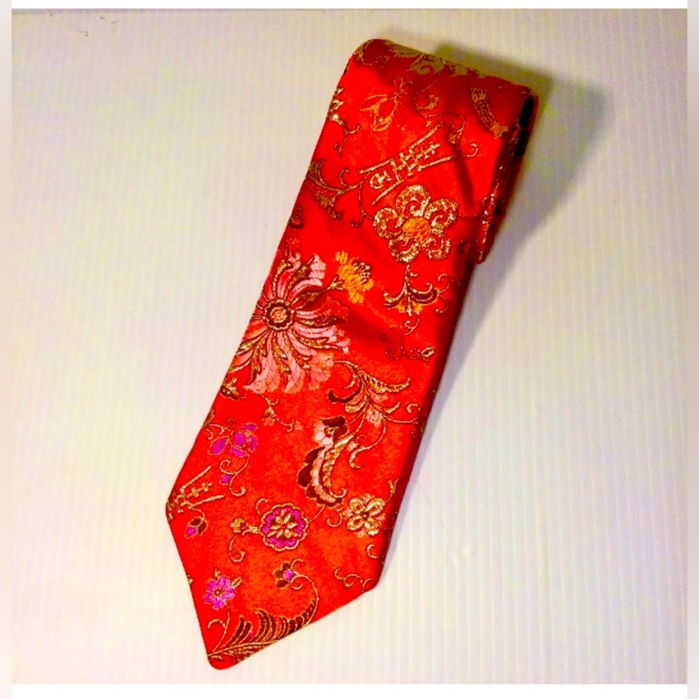 Christmas Silk Tie 100% Silk Classic Red Gold Embroidery Handmade USA Gift - Picture 3 of 6